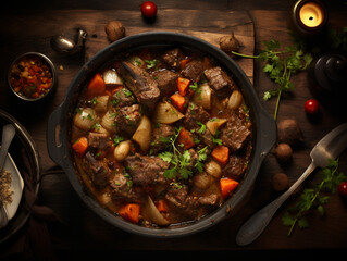 Savory Symphony: Overhead Image of Beef Stew Simmered with Root Vegetables