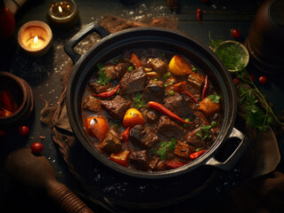 Rustic Rhapsody: Tantalizing Beef Stew Served in a Cast-Iron Pot