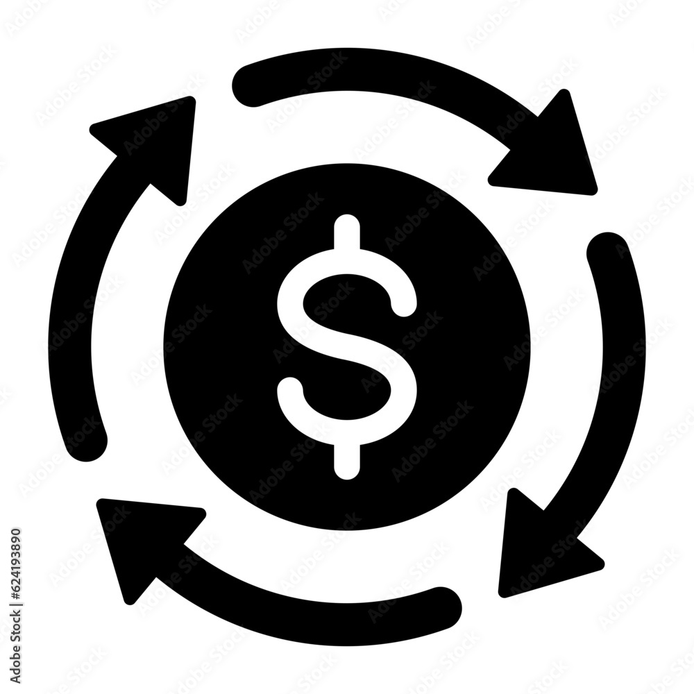 Poster black round money transfer processing filled icon, simple arrow financial dollar mark sale flat desi