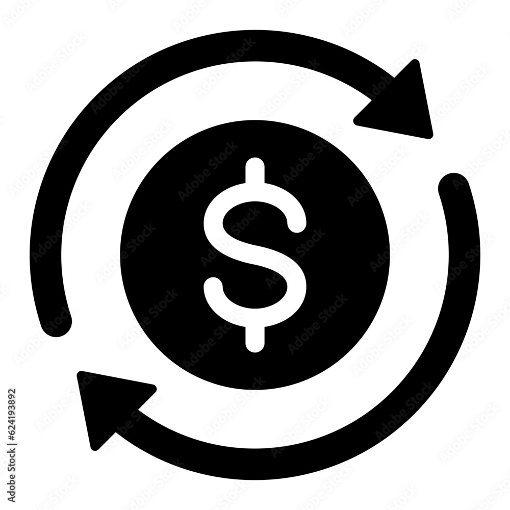 Poster black round money transfer filled icon, simple arrow financial business sale flat design vector pict