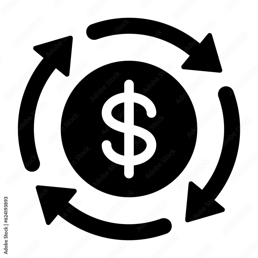 Poster black round money transfer processing filled icon, simple arrow financial dollar mark sale flat desi