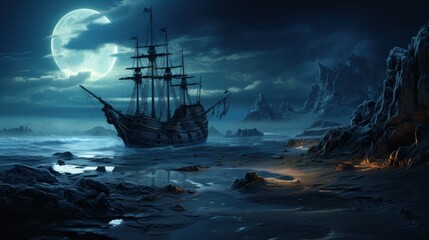 Naklejka premium Desolate Tides: Hyper-Realistic Mysterious Fantasy of an Old Shipwreck in the Desert, Generative AI