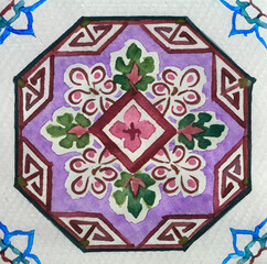 Watercolor illustration of portuguese ceramic tiles pattern