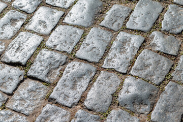 Photograph of old cobblestone pavement, with irregularly shaped cobblestones.