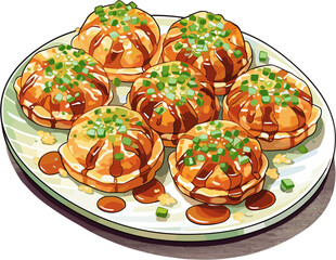 Tokoyaki balls on plate. Japanese food illustration.