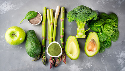 Healthy Green food Clean eating selection Protein source for vegetarians: avocado, asparagus,...