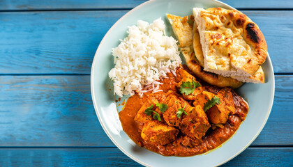 Chicken tikka masala spicy curry meat food Butter chicken with rice and naan bread on blue wooden background copy space