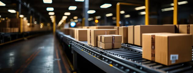 conveyor belt in a distribution warehouse with row of cardboard box packages for e-commerce delivery  and automated logistics concepts as wide banner with copysapce area - Generative AI