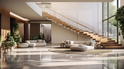 Interior design della moderna sala d'ingresso con scala in lussuosa villa, colori tenui legno e bianco, scalinata maestosa