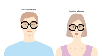 Retro Round Octagon frame glasses on women and men flat character fashion accessory illustration. Sunglass front view unisex silhouette style, rim spectacles eyeglasses, sketch style outline isolated