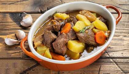 Beef meat stewed with potatoes, carrots and spices in ceramic pot on wooden background