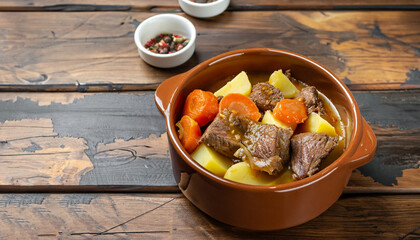 Beef meat stewed with potatoes, carrots and spices in ceramic pot on wooden background