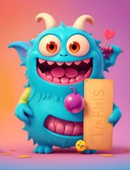  an oil painting of a 3D cute monster holding up a blank sign. Artist: Michael Johnson. The monster's colors are rich and vivid