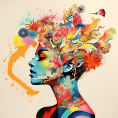 Colorful collage art, female head with flowers and various objects