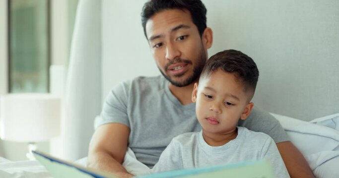 Father, son and bed with book, reading and learning for study, childhood development and care in home. Man, boy kid and bedroom for teaching, literacy skills and bonding with love in family house