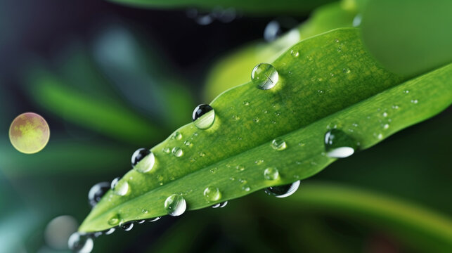 water drops on a leaf HD 8K wallpaper Stock Photographic Image
