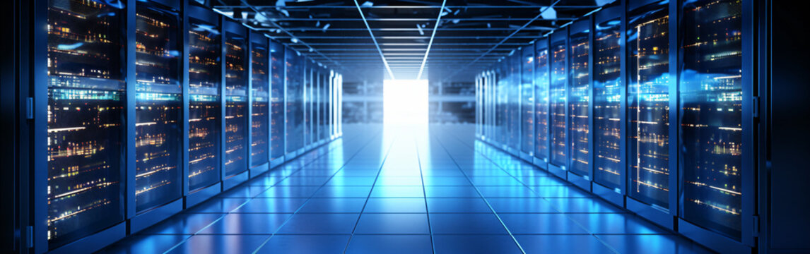 High performance data servers. Ultra high performance servers in data center rack, operating at full load with stability and optimum processing power. Glowing hardware and cables p5