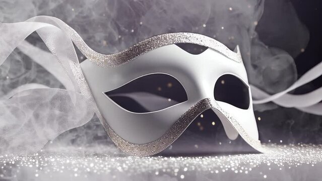 Elegant white masquerade mask subtle animated image motion background seamless looping for party video background, event costume ball dance holiday New Years Mardi Gras Carnival sparkling lights