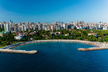 Fototapeta na wymiar Aerial view of beach and park in Caddebostan district on the Marmara Sea coast of the Asian side of Istanbul, Turkey.