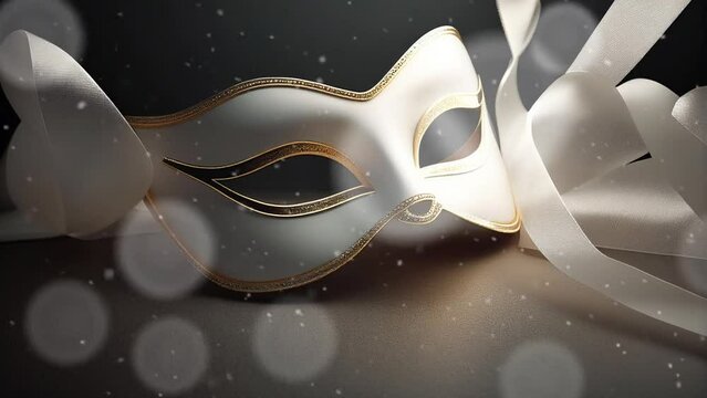 Elegant white masquerade mask subtle animated image motion background seamless looping for party video background, event costume ball dance holiday New Years Mardi Gras Carnival sparkling lights