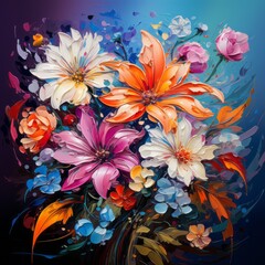 Fototapeta na wymiar a digital painting with colorful flowers on a blue background. dark cyan and orange, light magenta and white flowers, with visible brushstrokes, generative ai