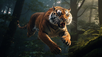 Jumping tiger in the forest