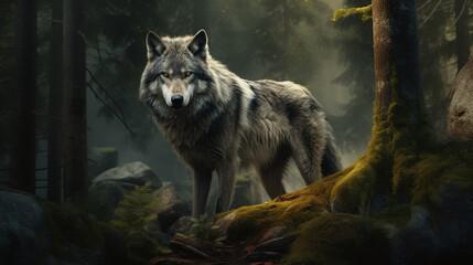 Grey wolf in the forest - obrazy, fototapety, plakaty
