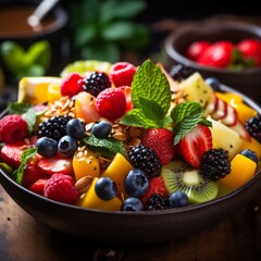 fresh fruit, mixed fruit salad with fresh strawberries, raspberries and blueberries in a bowl that is decorated with mint, generative ai
