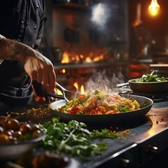 chef skillfully cooking healthy food in a restaurant kitchen, steam coming off the food, focus on the food, generative ai