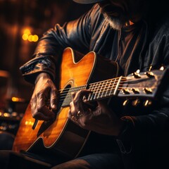 a man in a leather jacket is holding an acoustic guitar, generative ai - obrazy, fototapety, plakaty