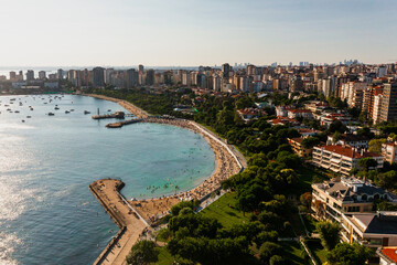 Fototapeta premium Aerial view of beach and park in Caddebostan district on the Marmara Sea coast of the Asian side of Istanbul Turkey.