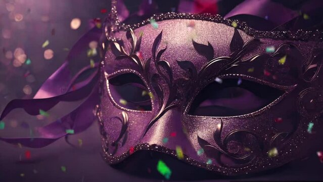 Elegant purple masquerade mask subtle animated image motion background seamless looping for party video background, event costume ball dance holiday New Years Mardi Gras Carnival sparkling lights