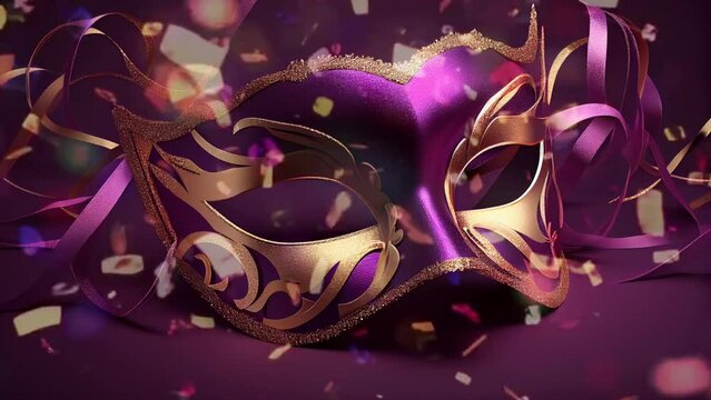Elegant purple masquerade mask subtle animated image motion background seamless looping for party video background, event costume ball dance holiday New Years Mardi Gras Carnival sparkling lights