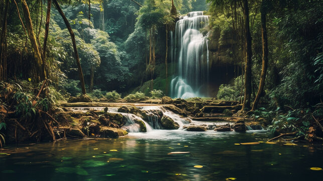waterfall in the woods HD 8K wallpaper Stock Photographic Image
