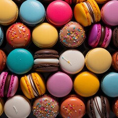Fototapeta na wymiar collection of colorful macaroons, positioned at different angles, some with sprinkles on, generative ai 