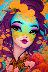 Fototapeta na wymiar Female cartoon character with colorful makeup resembling a tropical bird.