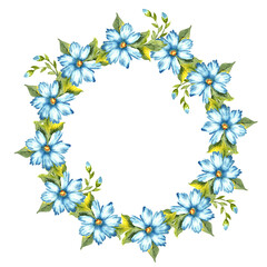 Fototapeta na wymiar Watercolor illustration of a frame of a wreath of blue flowers with buds. Colors indigo, cobalt, sky blue and classic blue. Great pattern for kitchen, home decor, stationery, wedding invitations