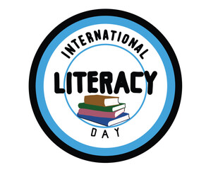 illustration, international literacy day round logo, there is a pile of books and isolated on white background