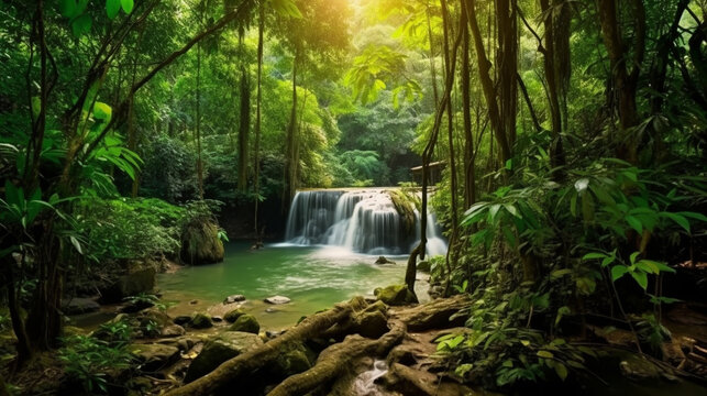 waterfall in the jungle HD 8K wallpaper Stock Photographic Image
