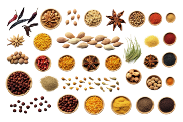 Collection of Exotic Spices. isolated object, transparent background