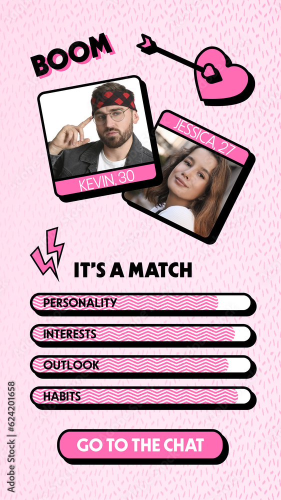 Poster Soulmate match. Dating site interface with photos of possible pair and data