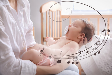 Lullaby songs. Baby sleeping in mother's arms at home, closeup. Illustration of flying music notes...