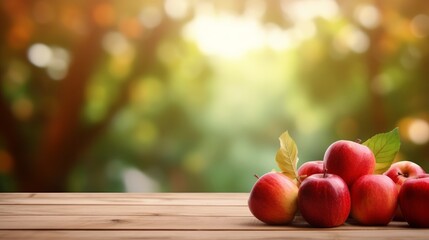 Pile of red apples on a wooden table mockup with space for type writing