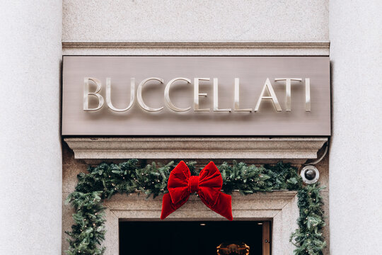 Milan, Italy - November, 13, 2021: Facade logo of fashion women's clothing store Buccellati. Luxury store