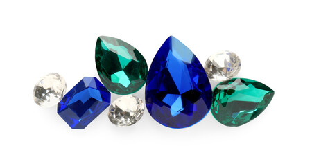 Fototapeta premium Different beautiful gemstones for jewelry isolated on white, top view