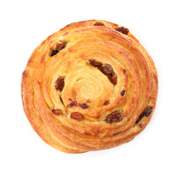 Freshly baked spiral pastry with raisins isolated on white, top view