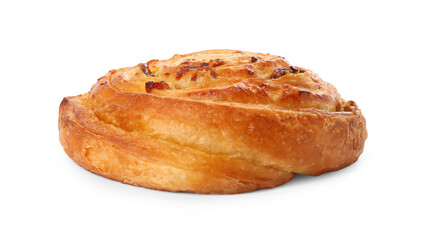 Freshly baked spiral pastry with raisins isolated on white