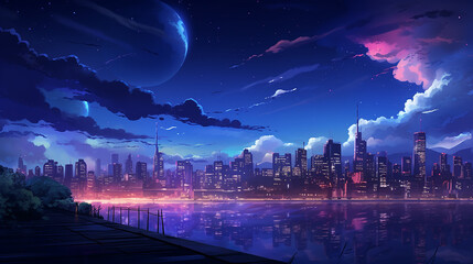 Beautiful city at night has a cityscape with moon and clouds, in the style of anime art, hd wallpaper background, 8k, 4k