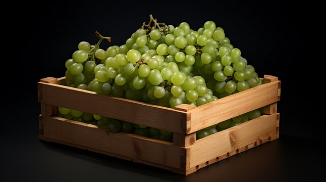 a wooden box full of fresh raw grapes. healthy food photography. close-up. product photo for restaurant. generative ai