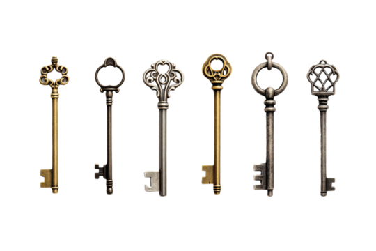 Collection of Keys. isolated object, transparent background